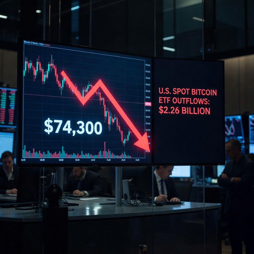 Bitcoin Drops to $74,300 as Spot ETFs Lose $2.26 Billion in Two Weeks